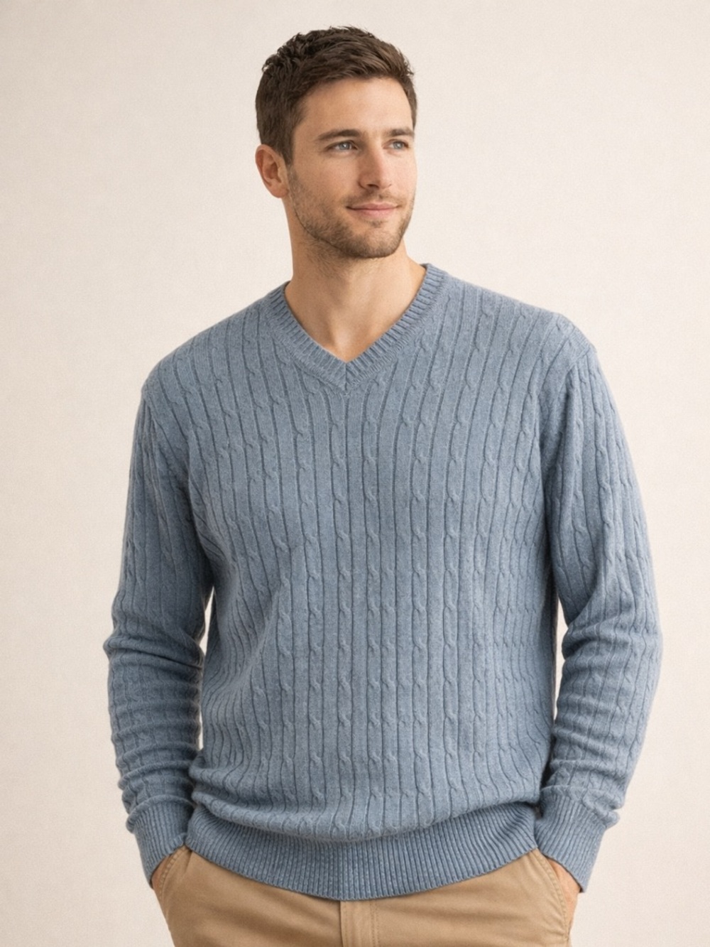 Preppy Cable Knit V-Neck Sweater Men’s Medium Blue 100% Cotton Classic
